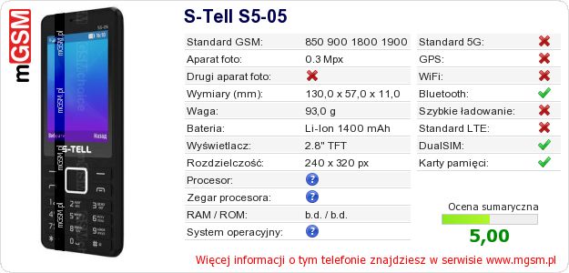 Dane telefonu S-Tell S5-05 Dane telefonu S-Tell S5-05