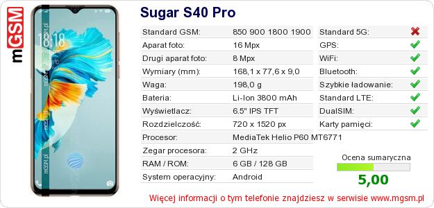 Dane telefonu Sugar S40 Pro