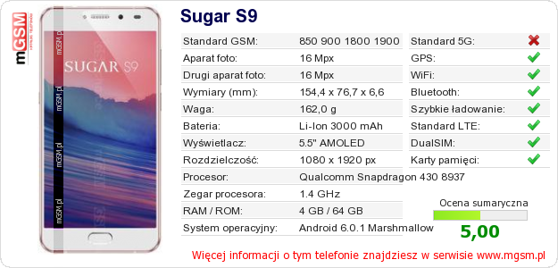 Dane telefonu Sugar S9