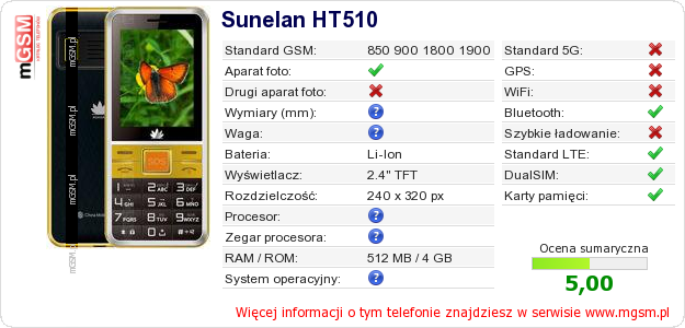 Dane telefonu Sunelan HT510