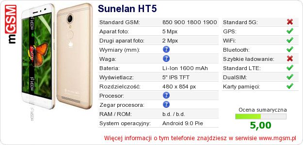 Dane telefonu Sunelan HT5 Dane telefonu Sunelan HT5