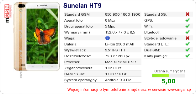 Dane telefonu Sunelan HT9