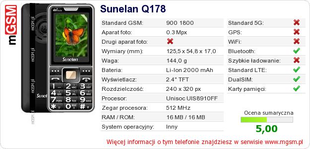 Dane telefonu Sunelan Q178