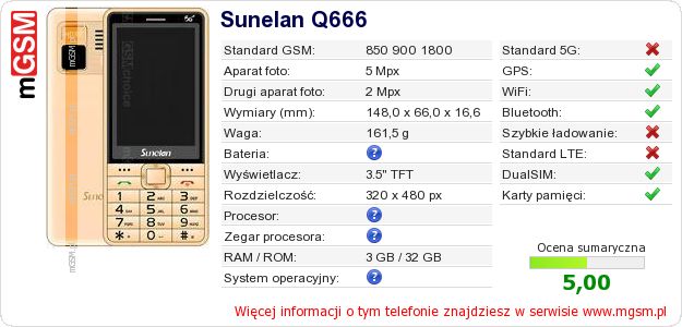 Dane telefonu Sunelan Q666