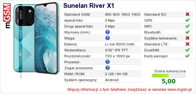 Dane telefonu Sunelan River X1 Dane telefonu Sunelan River X1