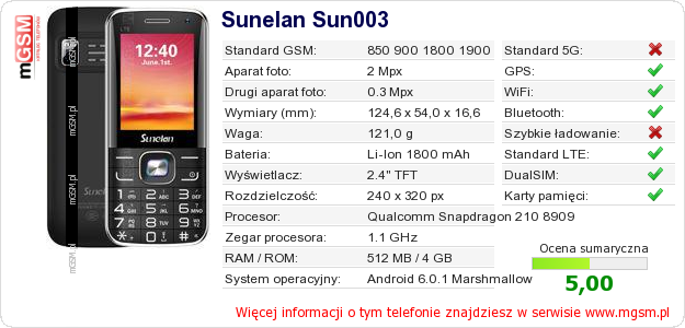Dane telefonu Sunelan Sun003 Dane telefonu Sunelan Sun003
