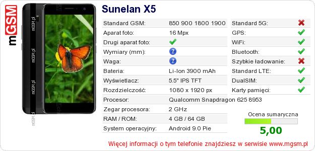 Dane telefonu Sunelan X5 Dane telefonu Sunelan X5