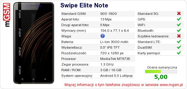 Dane telefonu Swipe Elite Note Dane telefonu Swipe Elite Note