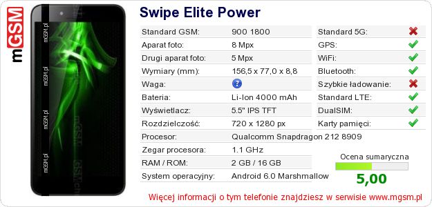 Dane telefonu Swipe Elite Power