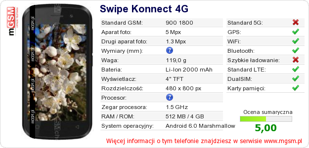 Dane telefonu Swipe Konnect 4G