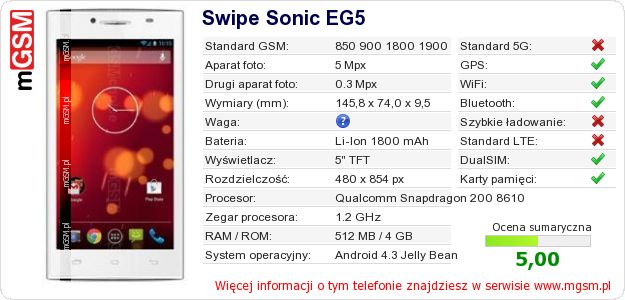 Dane telefonu Swipe Sonic EG5