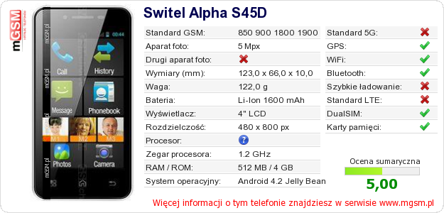 Dane telefonu Switel Alpha S45D