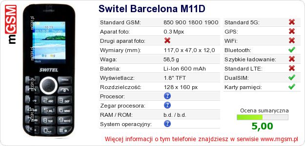 Dane telefonu Switel Barcelona M11D Dane telefonu Switel Barcelona M11D