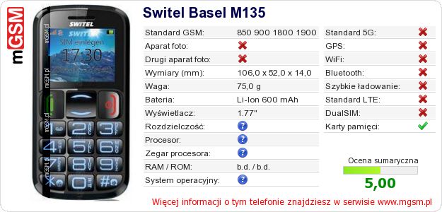 Dane telefonu Switel Basel M135 Dane telefonu Switel Basel M135