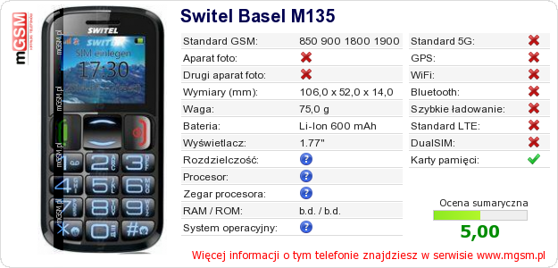 Dane telefonu Switel Basel M135 Dane telefonu Switel Basel M135