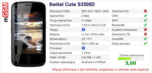Dane telefonu Switel Cute S3500D Dane telefonu Switel Cute S3500D