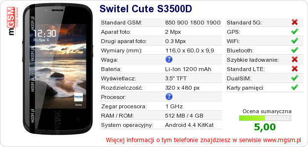 Dane telefonu Switel Cute S3500D