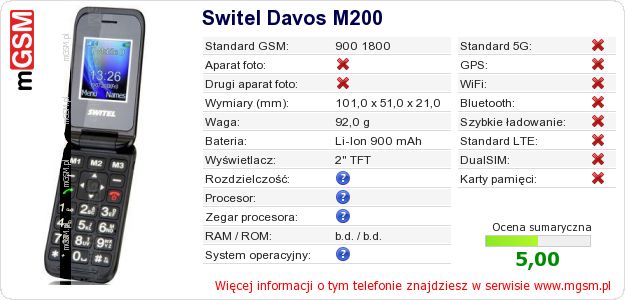 Dane telefonu Switel Davos M200 Dane telefonu Switel Davos M200