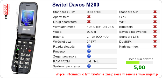 Dane telefonu Switel Davos M200