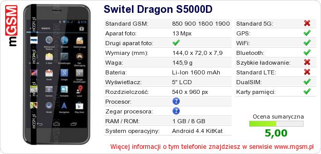 Dane telefonu Switel Dragon S5000D Dane telefonu Switel Dragon S5000D