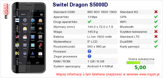Dane telefonu Switel Dragon S5000D Dane telefonu Switel Dragon S5000D