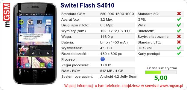 Dane telefonu Switel Flash S4010 Dane telefonu Switel Flash S4010