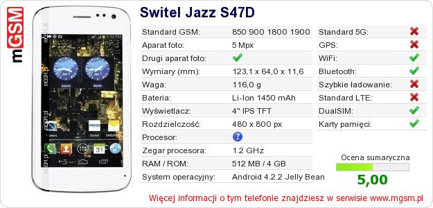 Dane telefonu Switel Jazz S47D Dane telefonu Switel Jazz S47D