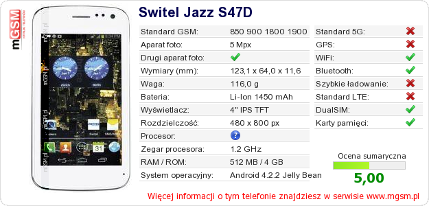Dane telefonu Switel Jazz S47D