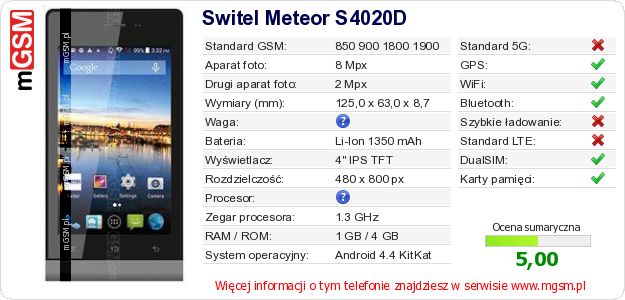 Dane telefonu Switel Meteor S4020D