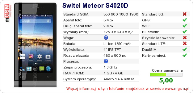 Dane telefonu Switel Meteor S4020D