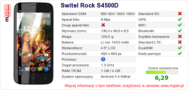 Dane telefonu Switel Rock S4500D