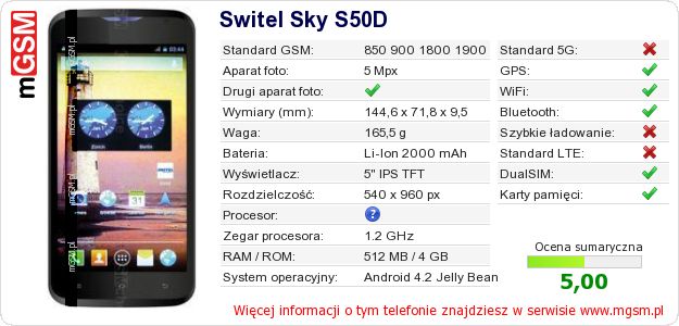 Dane telefonu Switel Sky S50D