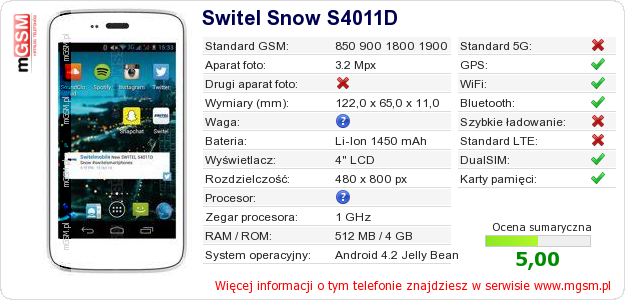 Dane telefonu Switel Snow S4011D