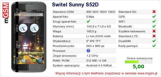 Dane telefonu Switel Sunny S52D