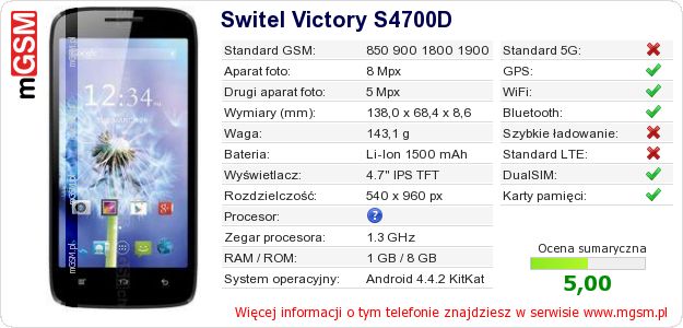 Dane telefonu Switel Victory S4700D