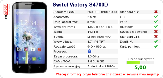 Dane telefonu Switel Victory S4700D