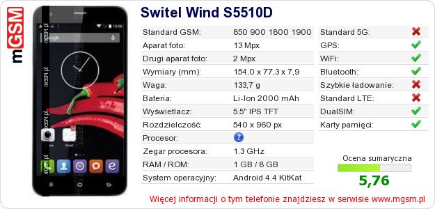 Dane telefonu Switel Wind S5510D Dane telefonu Switel Wind S5510D