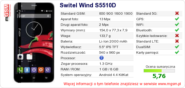 Dane telefonu Switel Wind S5510D