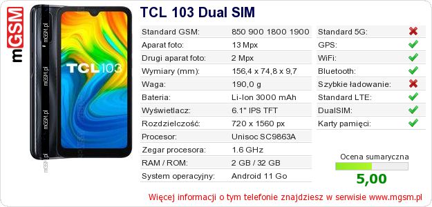 Dane telefonu TCL 103 Dual SIM Dane telefonu TCL 103 Dual SIM
