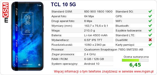Dane telefonu TCL 10 5G