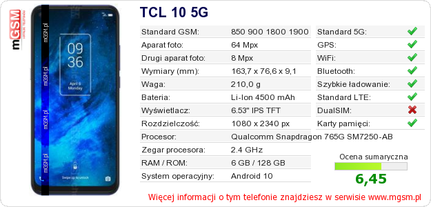 Dane telefonu TCL 10 5G