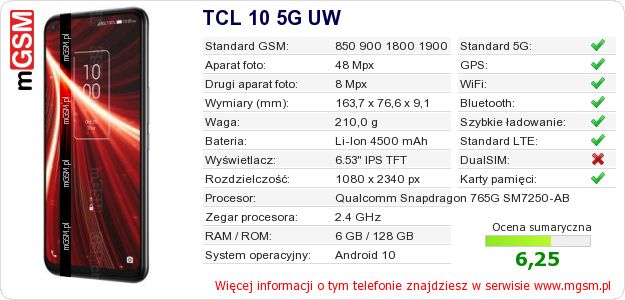 Dane telefonu TCL 10 5G UW