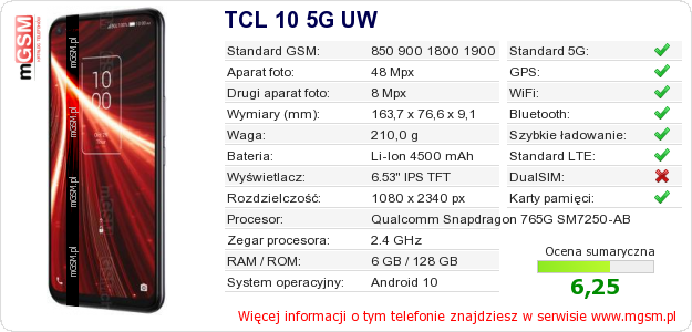 Dane telefonu TCL 10 5G UW Dane telefonu TCL 10 5G UW