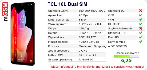 Dane telefonu TCL 10L Dual SIM Dane telefonu TCL 10L Dual SIM