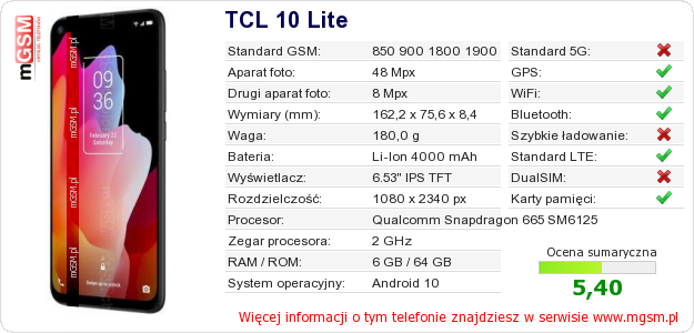 Dane telefonu TCL 10 Lite