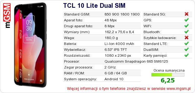 Dane telefonu TCL 10 Lite Dual SIM