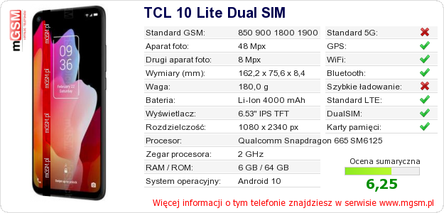 Dane telefonu TCL 10 Lite Dual SIM