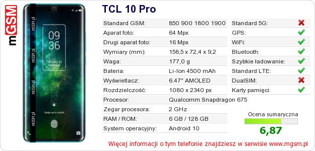 Dane telefonu TCL 10 Pro Dane telefonu TCL 10 Pro