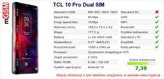 Dane telefonu TCL 10 Pro Dual SIM