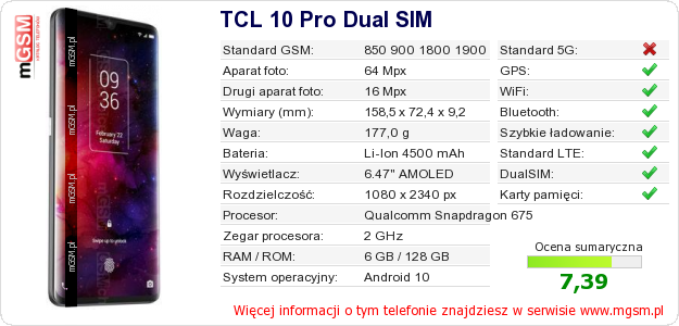 Dane telefonu TCL 10 Pro Dual SIM